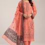 Charming Peach Salmon Embroidered Lawn 3 Pcs Suit - Luxury Unstitched Summer Collection with Contrast Net Dupatta for Women