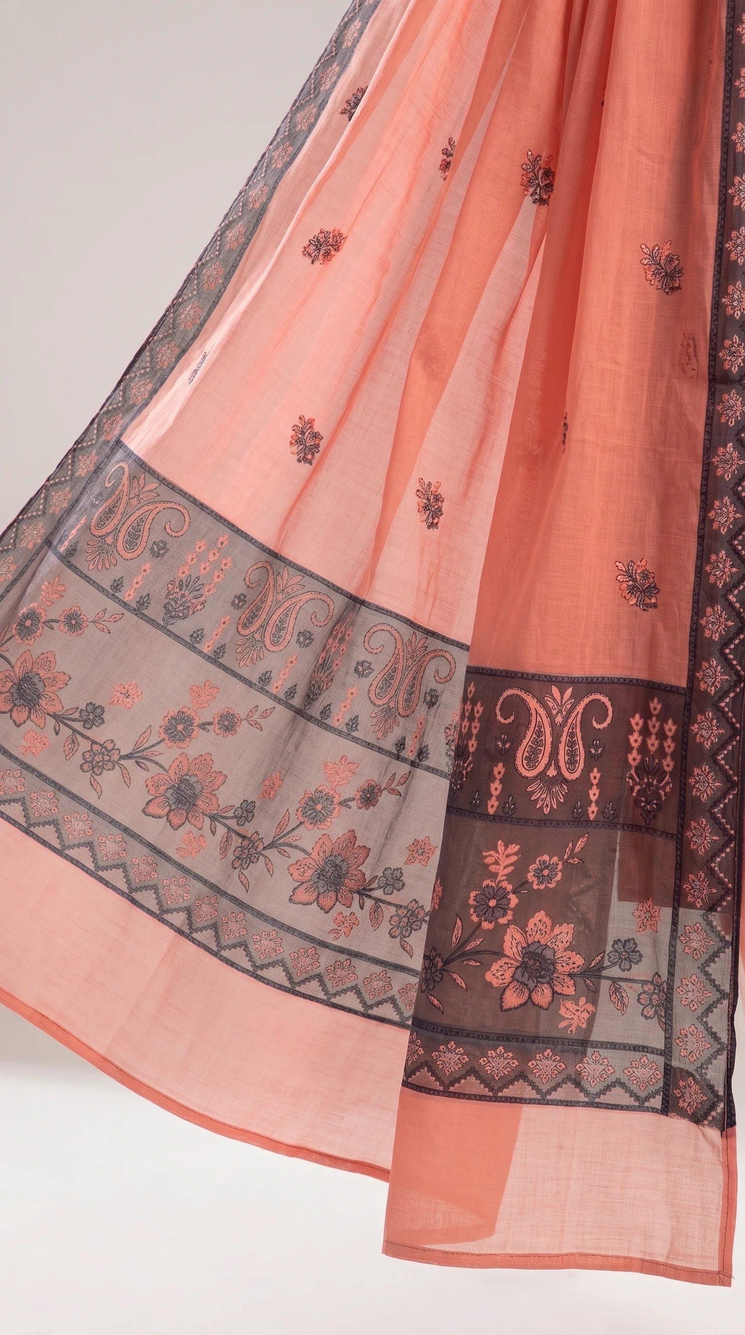 Charming Peach Salmon Embroidered Lawn 3 Pcs Suit - Luxury Unstitched Summer Collection with Contrast Net Dupatta for Women