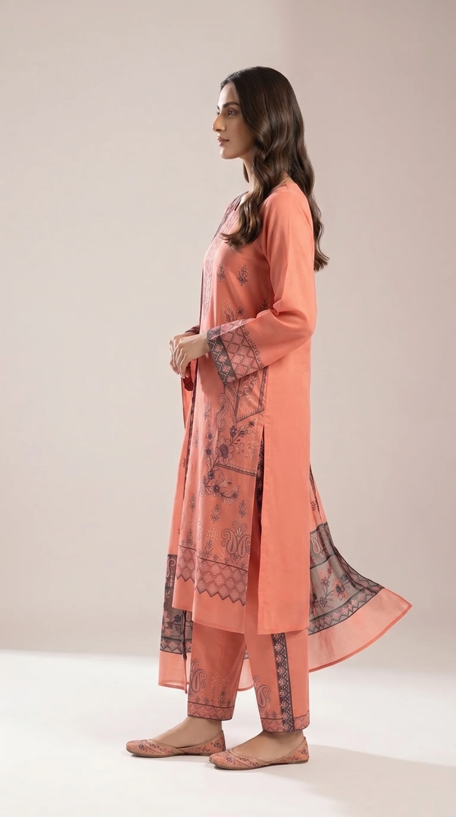 Charming Peach Salmon Embroidered Lawn 3 Pcs Suit - Luxury Unstitched Summer Collection with Contrast Net Dupatta for Women