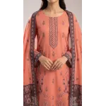 Charming Peach Salmon Embroidered Lawn 3 Pcs Suit - Luxury Unstitched Summer Collection with Contrast Net Dupatta for Women