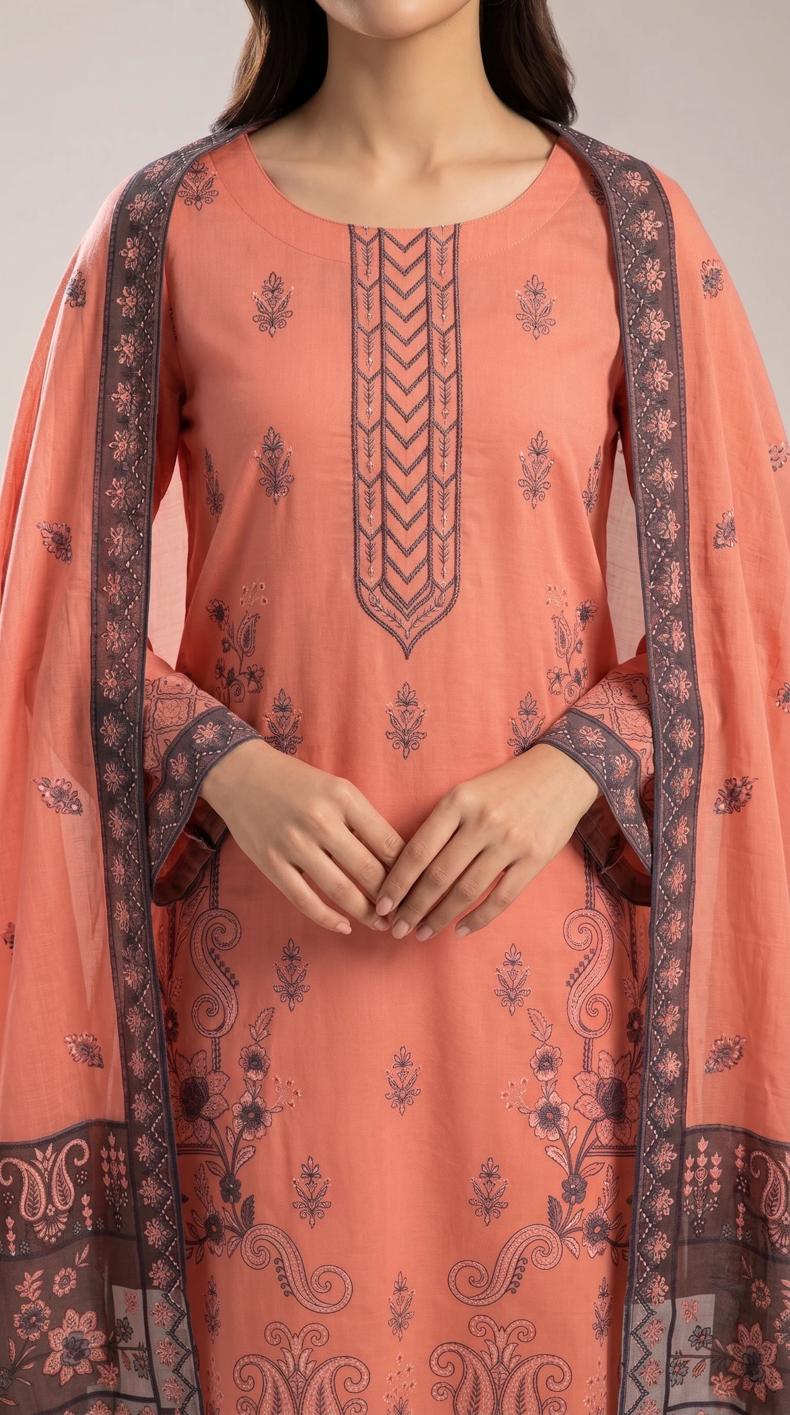 Charming Peach Salmon Embroidered Lawn 3 Pcs Suit - Luxury Unstitched Summer Collection with Contrast Net Dupatta for Women