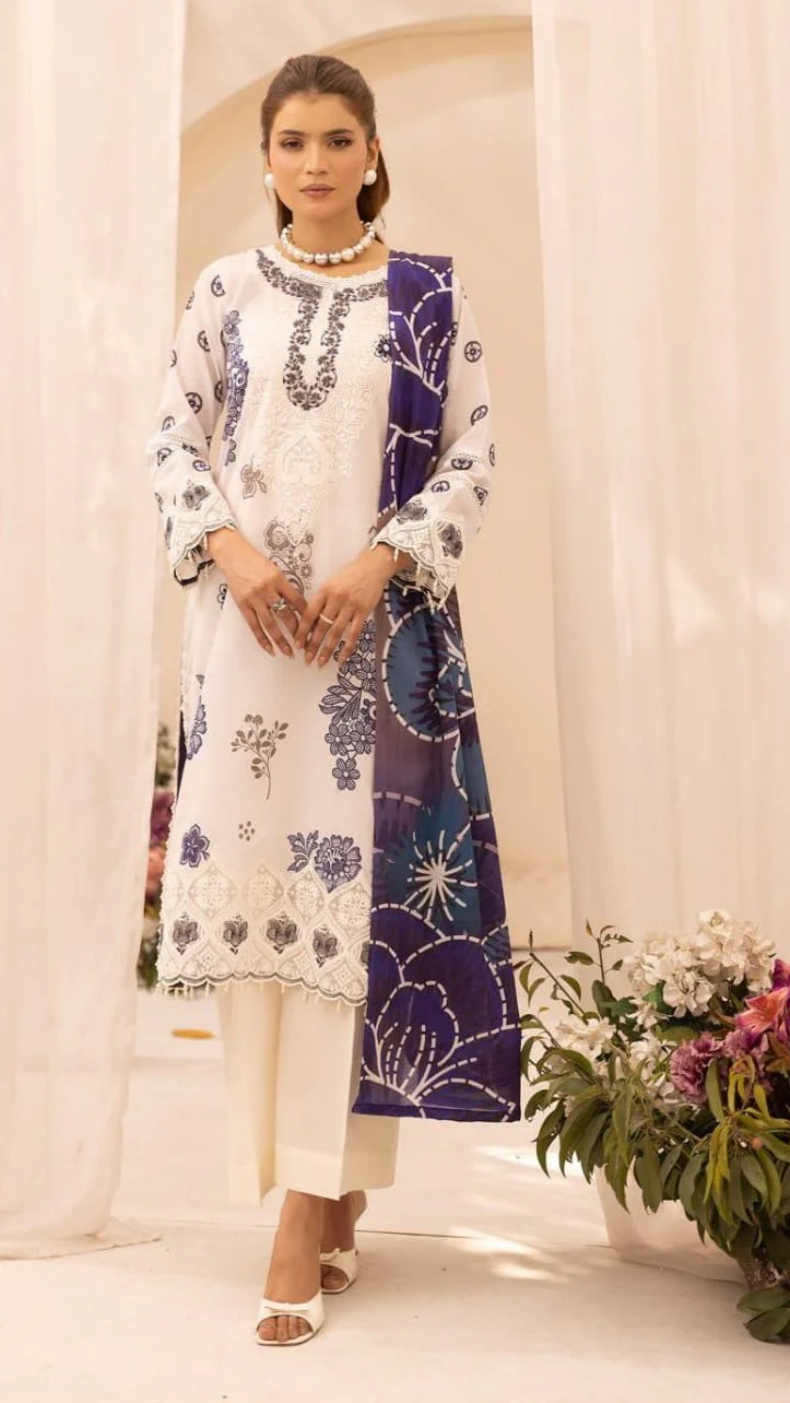 Graceful Off-White & Indigo Blue Embroidered Lawn 3 Pcs Suit - Luxury Unstitched Summer Collection with Silk Dupatta for Women