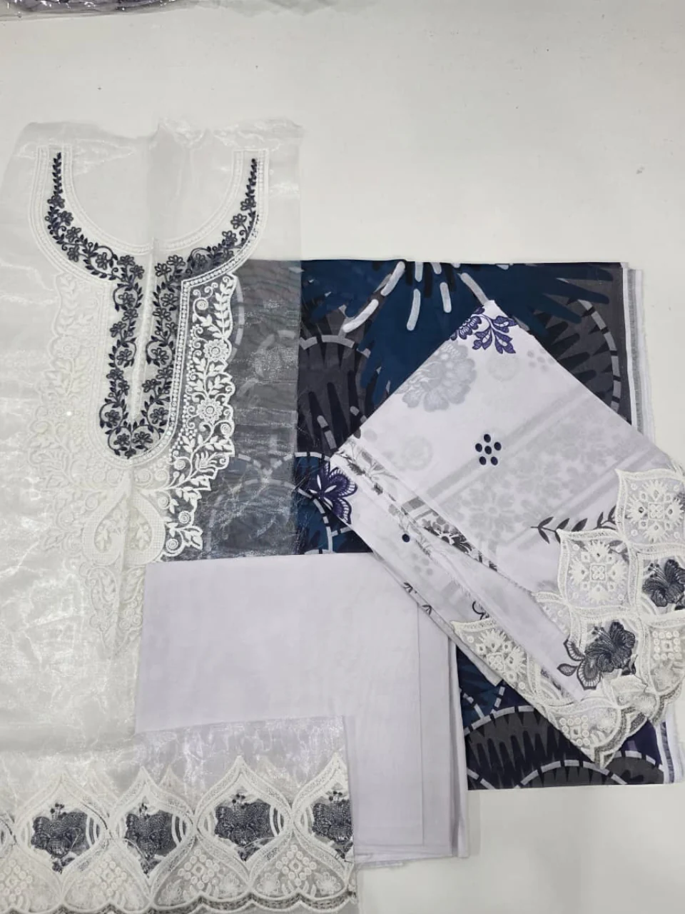 Graceful Off-White & Indigo Blue Embroidered Lawn 3 Pcs Suit - Luxury Unstitched Summer Collection with Silk Dupatta for Women