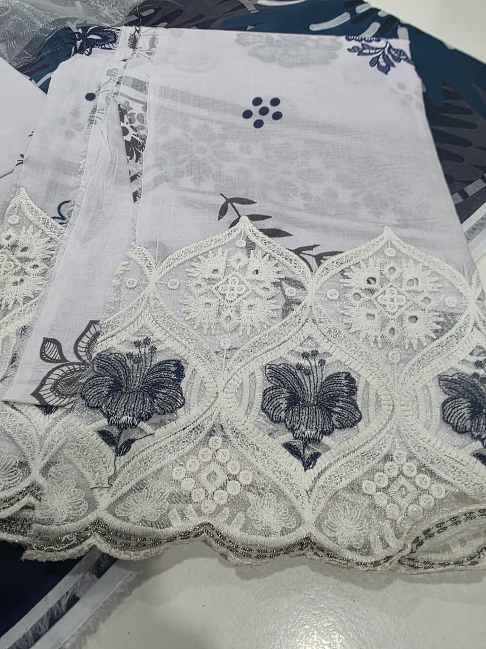 Graceful Off-White & Indigo Blue Embroidered Lawn 3 Pcs Suit - Luxury Unstitched Summer Collection with Silk Dupatta for Women