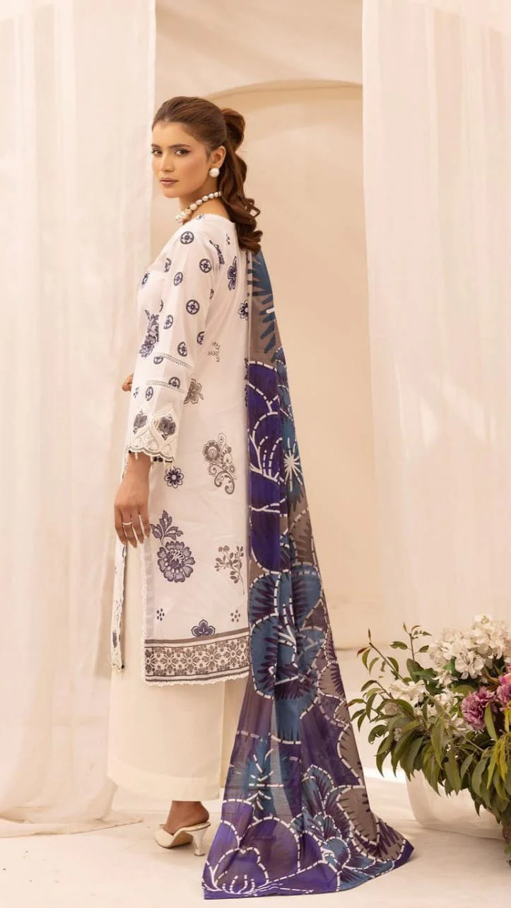 Graceful Off-White & Indigo Blue Embroidered Lawn 3 Pcs Suit - Luxury Unstitched Summer Collection with Silk Dupatta for Women