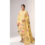 Vibrant Lemon Yellow Embroidered Lawn 3 Pcs Suit - Luxury Unstitched Summer Collection with Floral Dupatta for Women