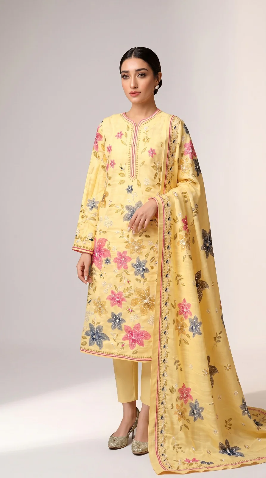 Vibrant Lemon Yellow Embroidered Lawn 3 Pcs Suit - Luxury Unstitched Summer Collection with Floral Dupatta for Women
