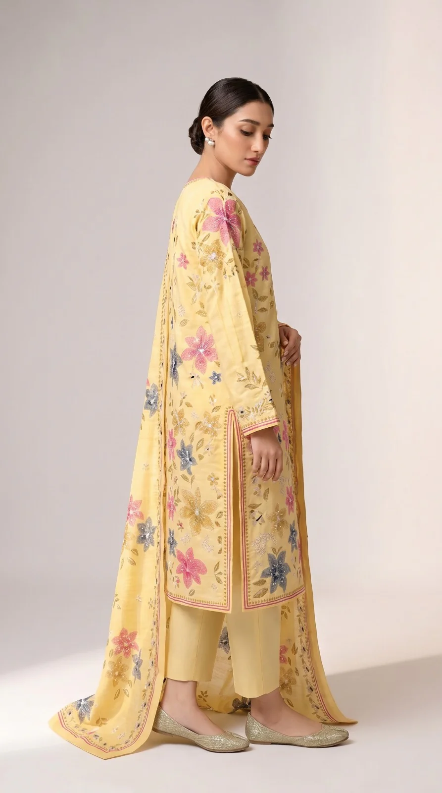 Vibrant Lemon Yellow Embroidered Lawn 3 Pcs Suit - Luxury Unstitched Summer Collection with Floral Dupatta for Women