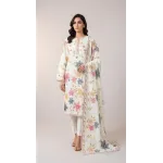 Elegant Off-White Embroidered Lawn 3 Pcs Suit - Luxury Unstitched Summer Collection with Floral Dupatta for Women