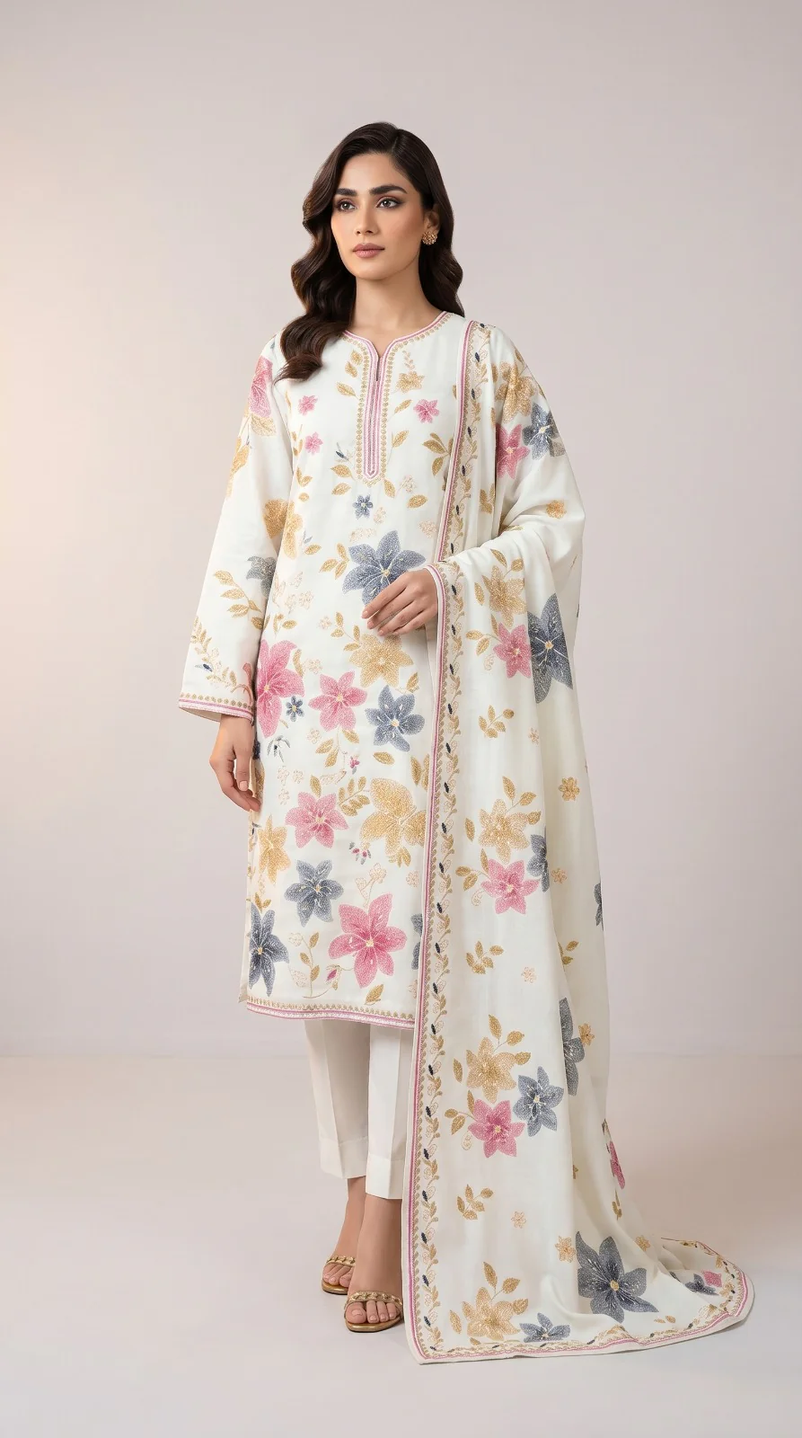 Elegant Off-White Embroidered Lawn 3 Pcs Suit - Luxury Unstitched Summer Collection with Floral Dupatta for Women