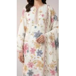 Elegant Off-White Embroidered Lawn 3 Pcs Suit - Luxury Unstitched Summer Collection with Floral Dupatta for Women