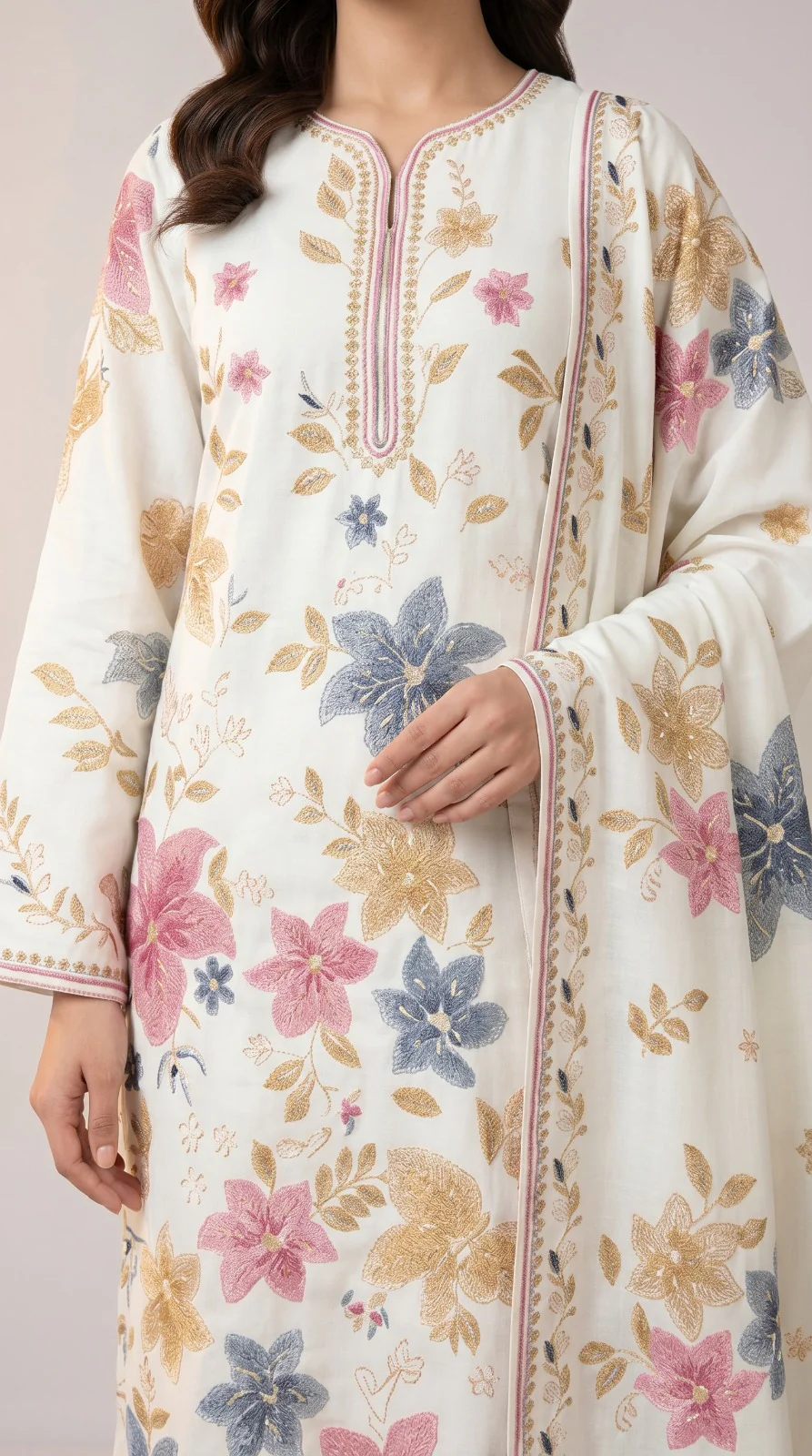 Elegant Off-White Embroidered Lawn 3 Pcs Suit - Luxury Unstitched Summer Collection with Floral Dupatta for Women