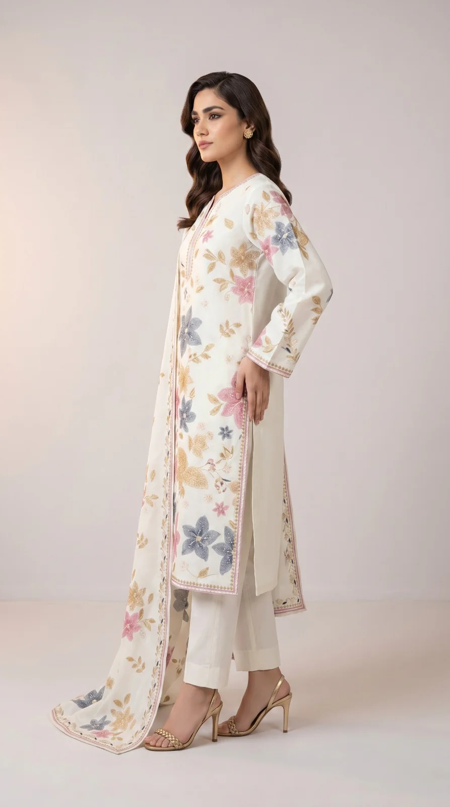 Elegant Off-White Embroidered Lawn 3 Pcs Suit - Luxury Unstitched Summer Collection with Floral Dupatta for Women