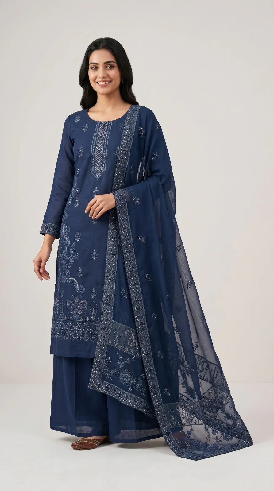 Elegant Navy Blue Embroidered Lawn 3 Pcs Suit - Luxury Unstitched Summer Collection with Net Dupatta for Women