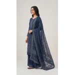 Elegant Navy Blue Embroidered Lawn 3 Pcs Suit - Luxury Unstitched Summer Collection with Net Dupatta for Women