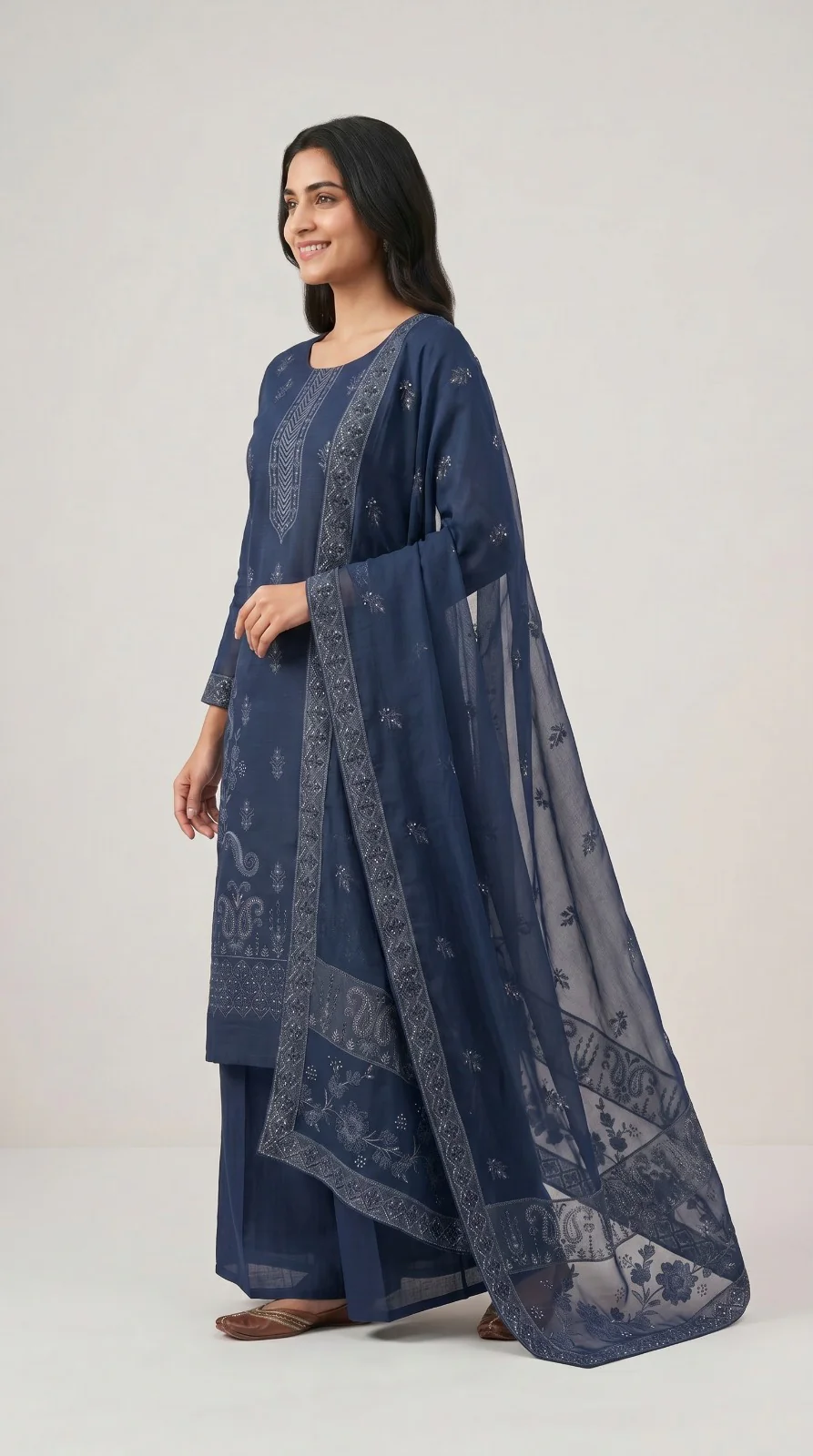 Elegant Navy Blue Embroidered Lawn 3 Pcs Suit - Luxury Unstitched Summer Collection with Net Dupatta for Women