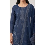 Elegant Navy Blue Embroidered Lawn 3 Pcs Suit - Luxury Unstitched Summer Collection with Net Dupatta for Women