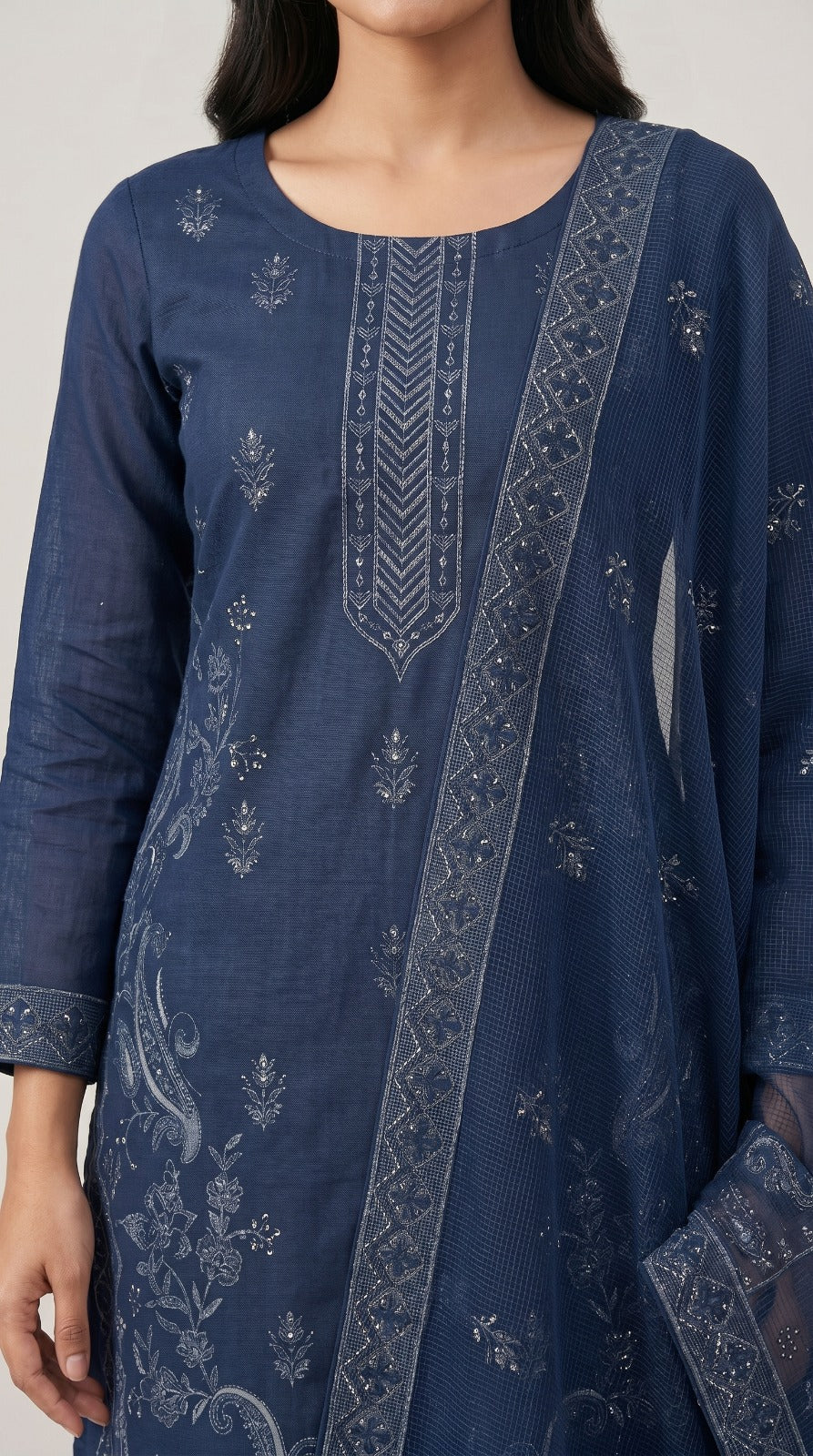 Elegant Navy Blue Embroidered Lawn 3 Pcs Suit - Luxury Unstitched Summer Collection with Net Dupatta for Women