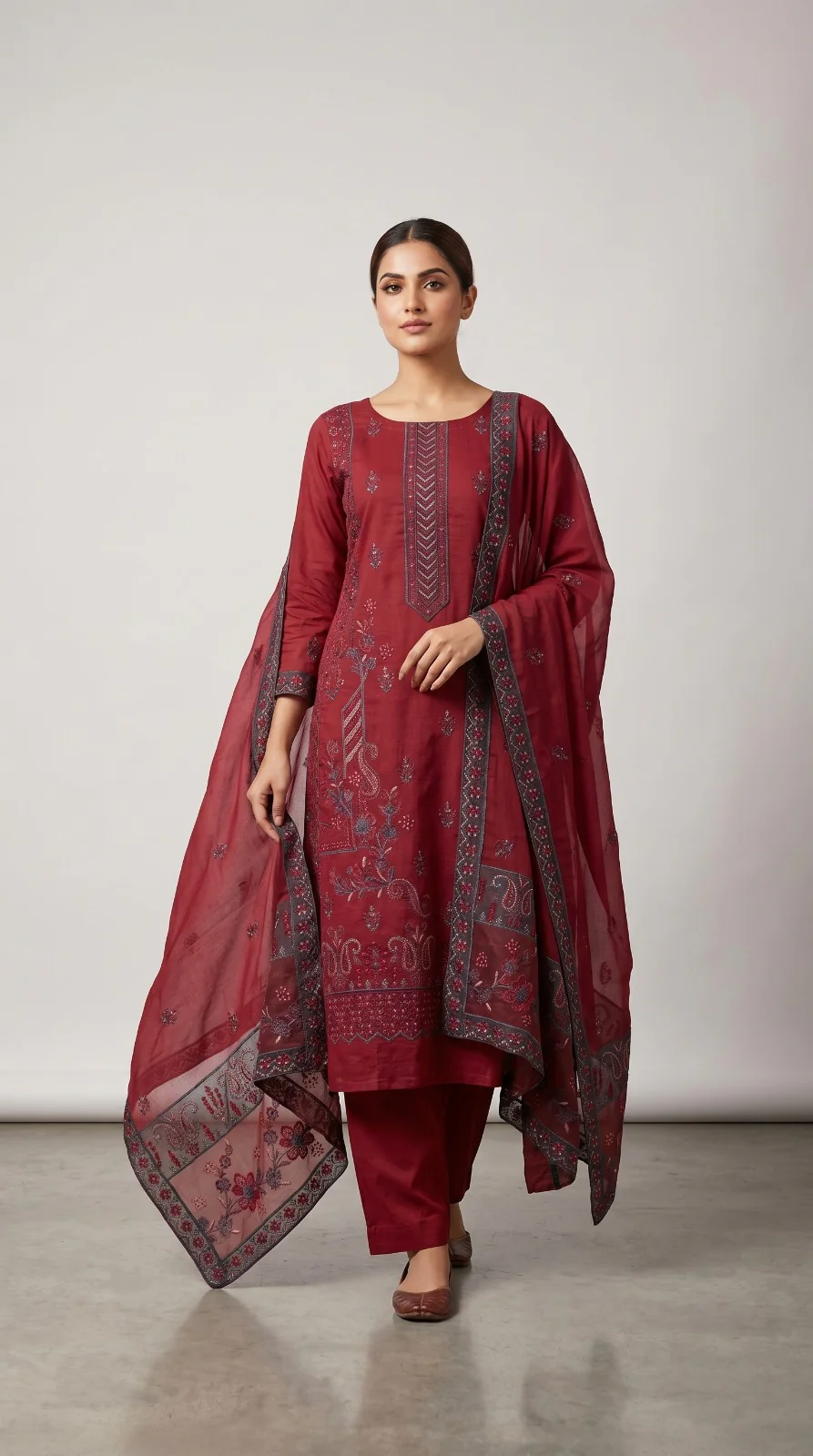 Elegant Maroon Embroidered Lawn 3 Pcs Suit - Luxury Unstitched Summer Collection with Net Dupatta for Women