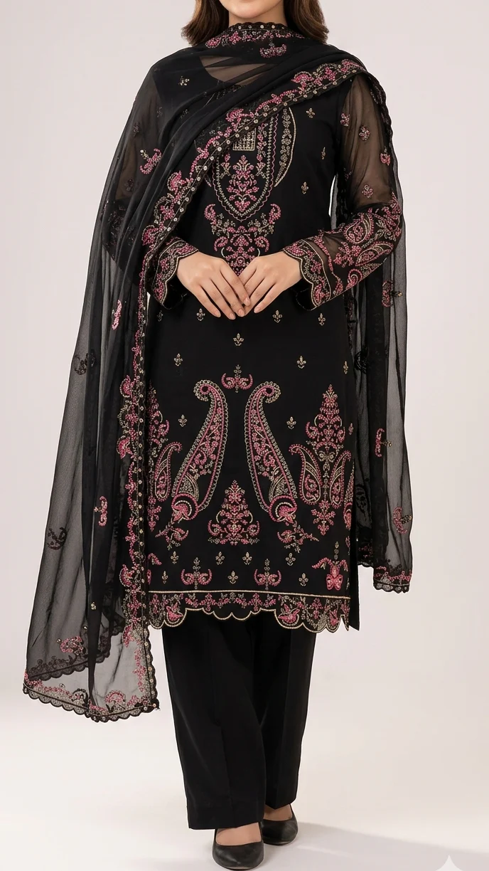 Elegant Black Embroidered Lawn 3 Pcs Suit - Luxury Unstitched Summer Collection with Net Dupatta for Women