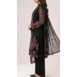 Elegant Black Embroidered Lawn 3 Pcs Suit - Luxury Unstitched Summer Collection with Net Dupatta for Women