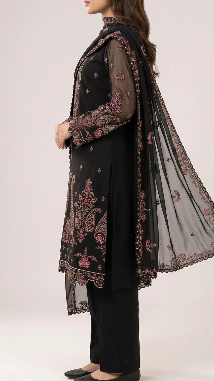 Elegant Black Embroidered Lawn 3 Pcs Suit - Luxury Unstitched Summer Collection with Net Dupatta for Women
