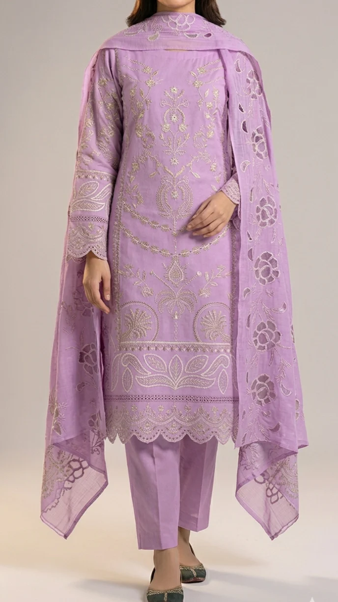 Elegant Lilac Embroidered Lawn 3 Pcs Suit - Luxury Unstitched Summer Collection with Organza Dupatta for Women