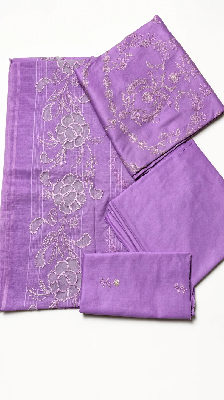Elegant Lilac Embroidered Lawn 3 Pcs Suit - Luxury Unstitched Summer Collection with Organza Dupatta for Women