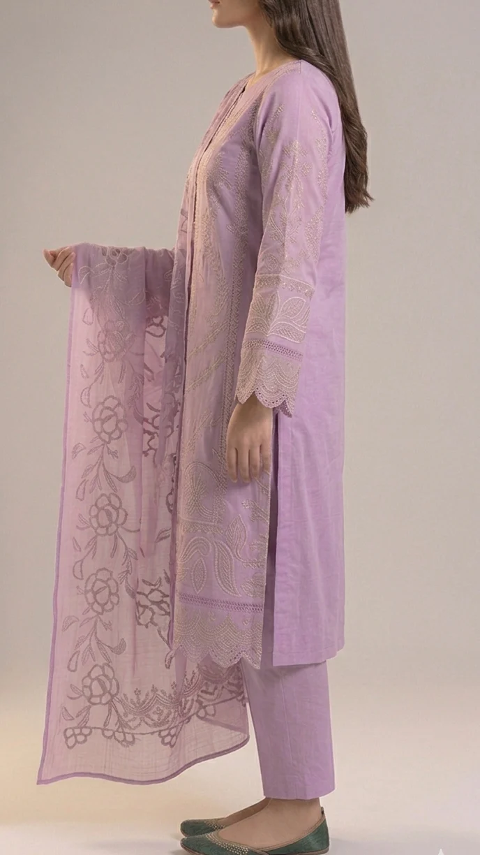 Elegant Lilac Embroidered Lawn 3 Pcs Suit - Luxury Unstitched Summer Collection with Organza Dupatta for Women