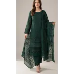 Luxury Emerald Green Embroidered Lawn 3 Pcs Suit - Premium Unstitched Summer Collection with Floral Organza Dupatta for Women