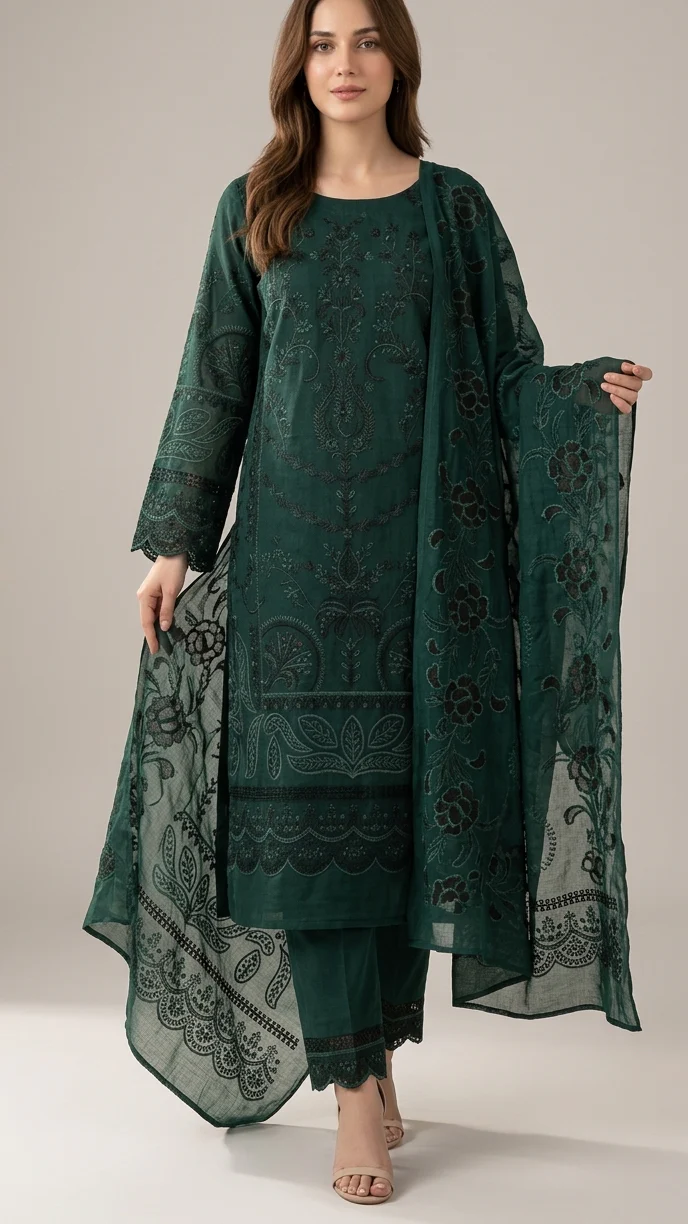 Luxury Emerald Green Embroidered Lawn 3 Pcs Suit - Premium Unstitched Summer Collection with Floral Organza Dupatta for Women