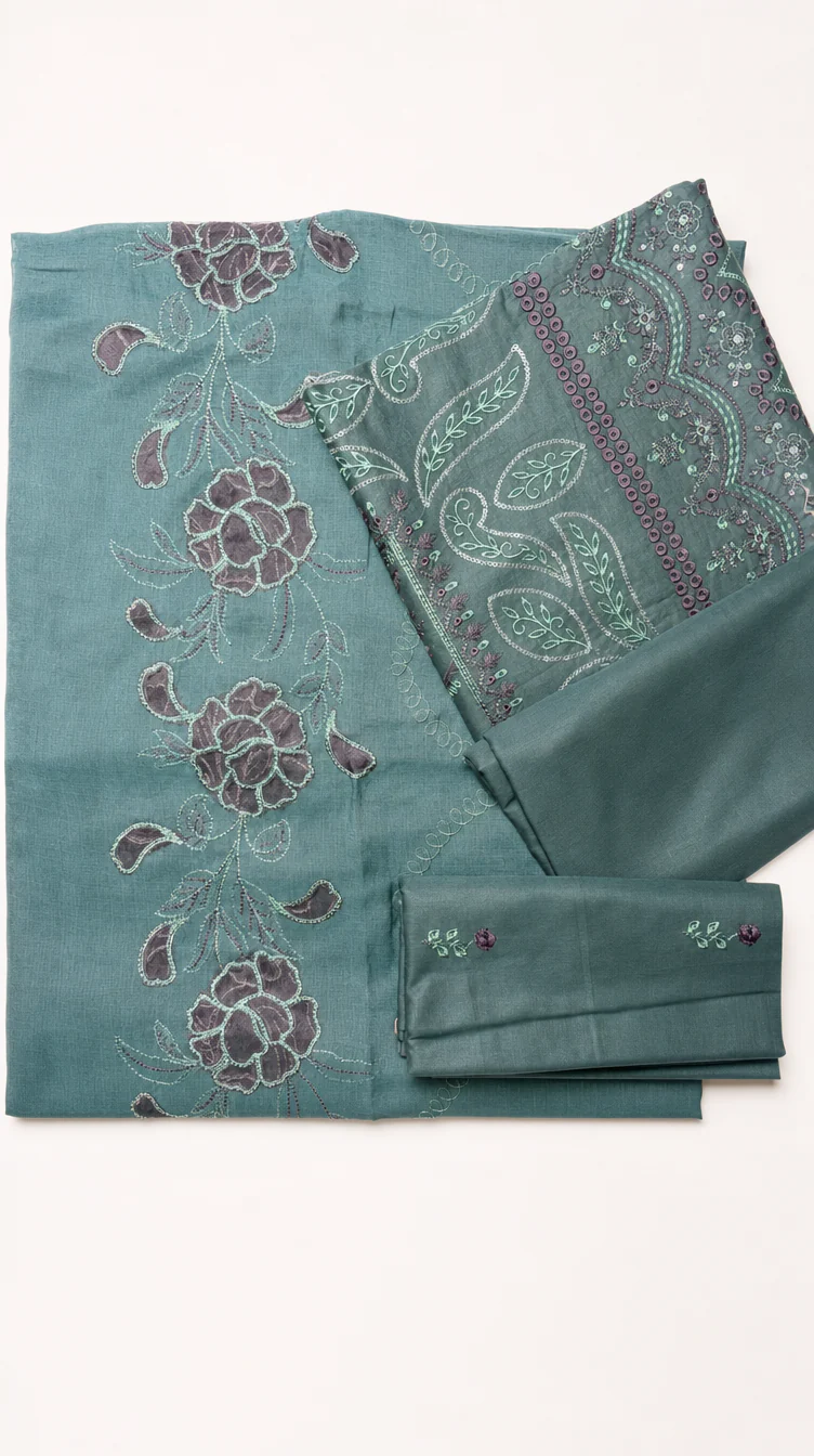 Luxury Emerald Green Embroidered Lawn 3 Pcs Suit - Premium Unstitched Summer Collection with Floral Organza Dupatta for Women