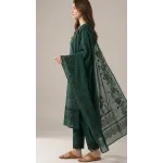 Luxury Emerald Green Embroidered Lawn 3 Pcs Suit - Premium Unstitched Summer Collection with Floral Organza Dupatta for Women