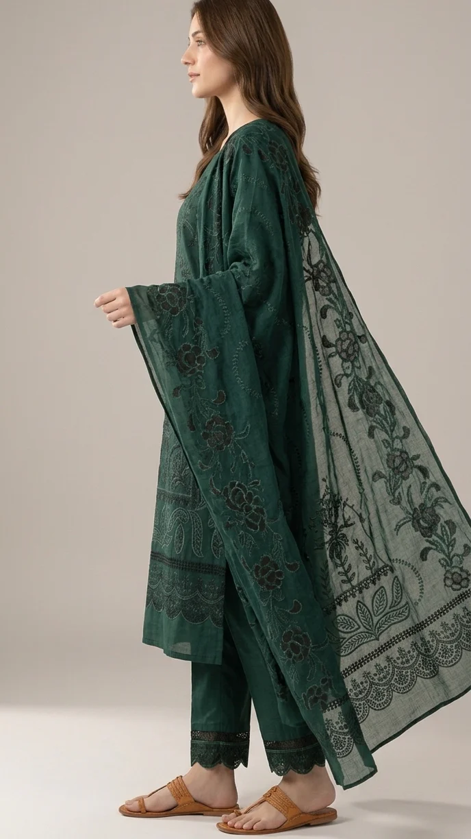 Luxury Emerald Green Embroidered Lawn 3 Pcs Suit - Premium Unstitched Summer Collection with Floral Organza Dupatta for Women