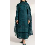 Luxury Teal Blue Embroidered Lawn 3 Pcs Suit - Premium Unstitched Summer Collection with Floral Organza Dupatta for Women