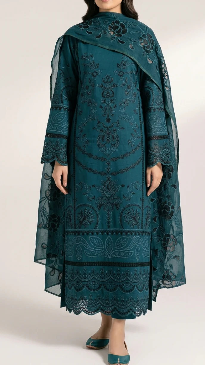 Luxury Teal Blue Embroidered Lawn 3 Pcs Suit - Premium Unstitched Summer Collection with Floral Organza Dupatta for Women