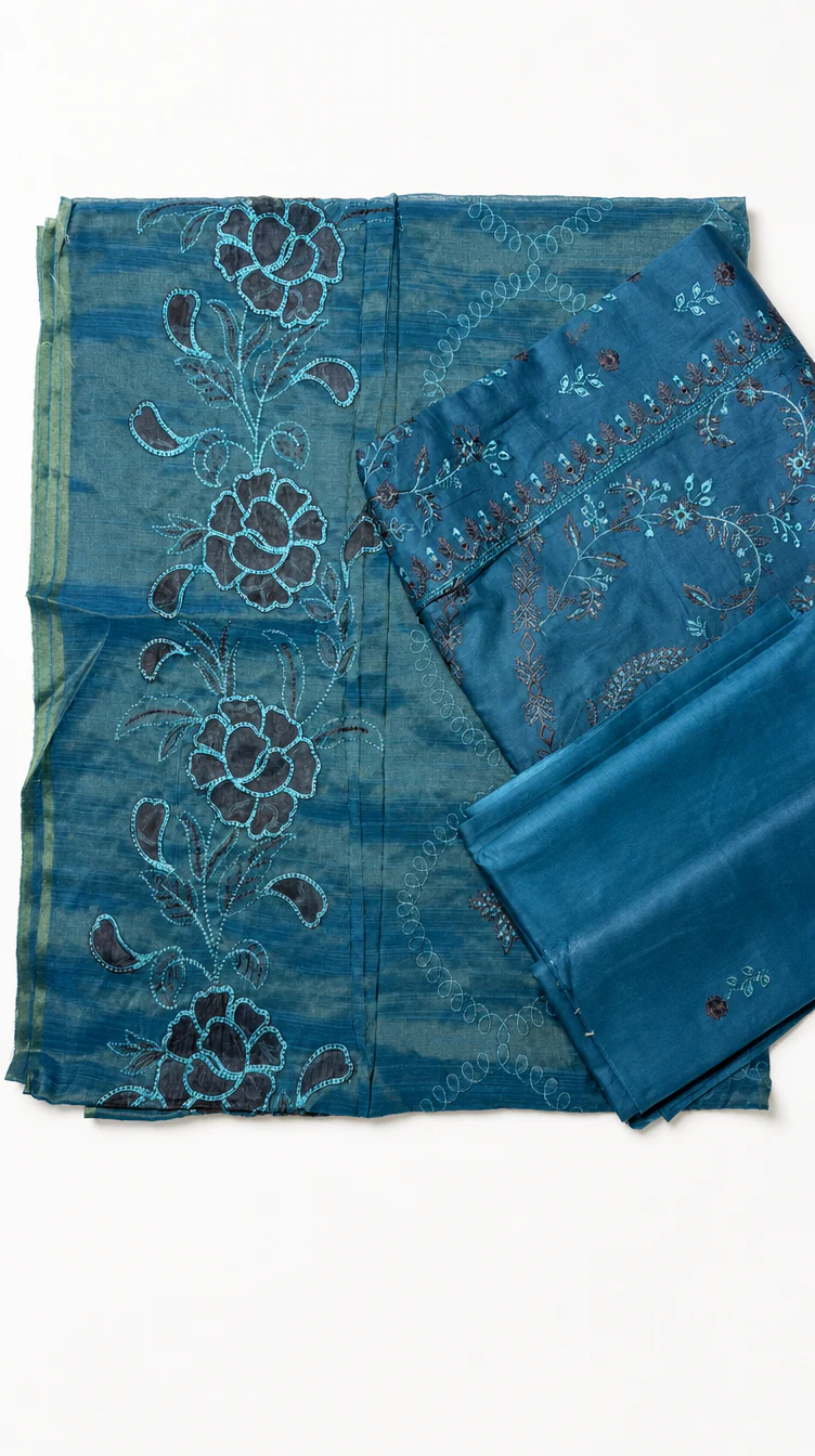 Luxury Teal Blue Embroidered Lawn 3 Pcs Suit - Premium Unstitched Summer Collection with Floral Organza Dupatta for Women