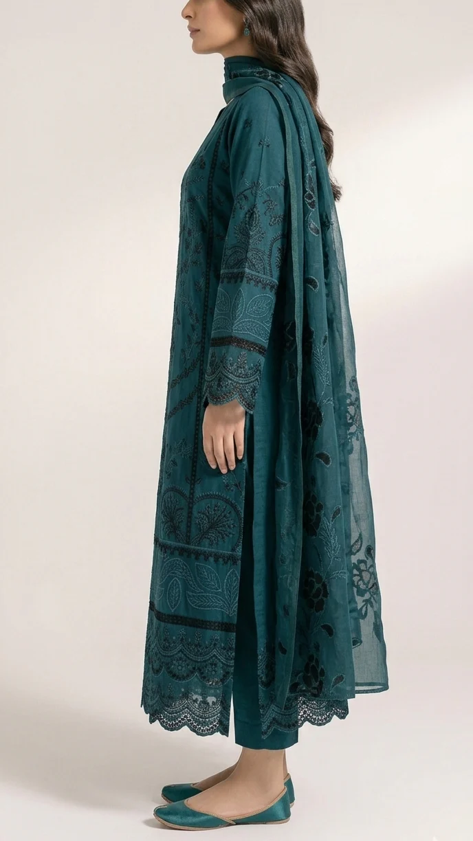 Luxury Teal Blue Embroidered Lawn 3 Pcs Suit - Premium Unstitched Summer Collection with Floral Organza Dupatta for Women