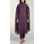 Luxury Plum Purple Embroidered Lawn 3 Pcs Suit - Premium Unstitched Summer Collection with Floral Organza Dupatta for Women
