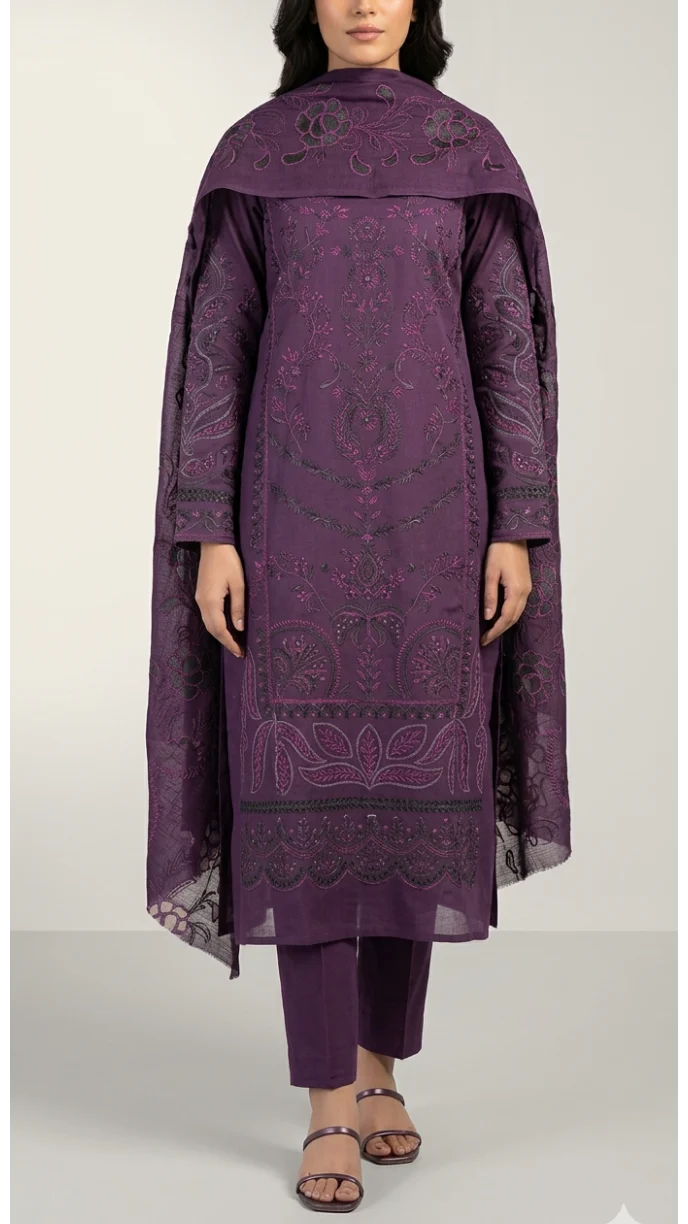 Luxury Plum Purple Embroidered Lawn 3 Pcs Suit - Premium Unstitched Summer Collection with Floral Organza Dupatta for Women