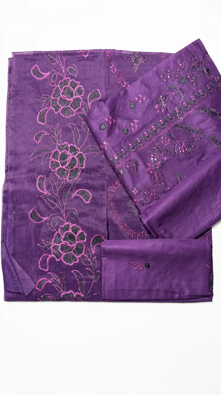 Luxury Plum Purple Embroidered Lawn 3 Pcs Suit - Premium Unstitched Summer Collection with Floral Organza Dupatta for Women