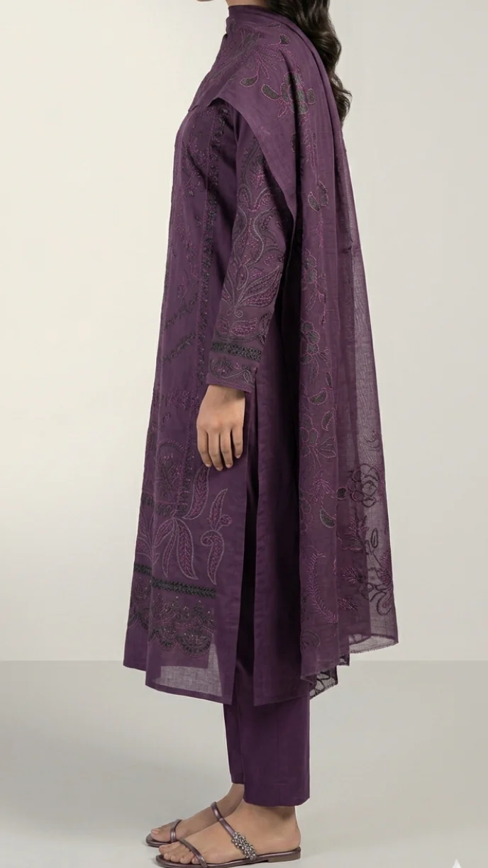 Luxury Plum Purple Embroidered Lawn 3 Pcs Suit - Premium Unstitched Summer Collection with Floral Organza Dupatta for Women