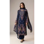 Elegant Navy Blue Embroidered Lawn 3 Pcs Suit - Luxury Unstitched Summer Collection with Net Dupatta for Women