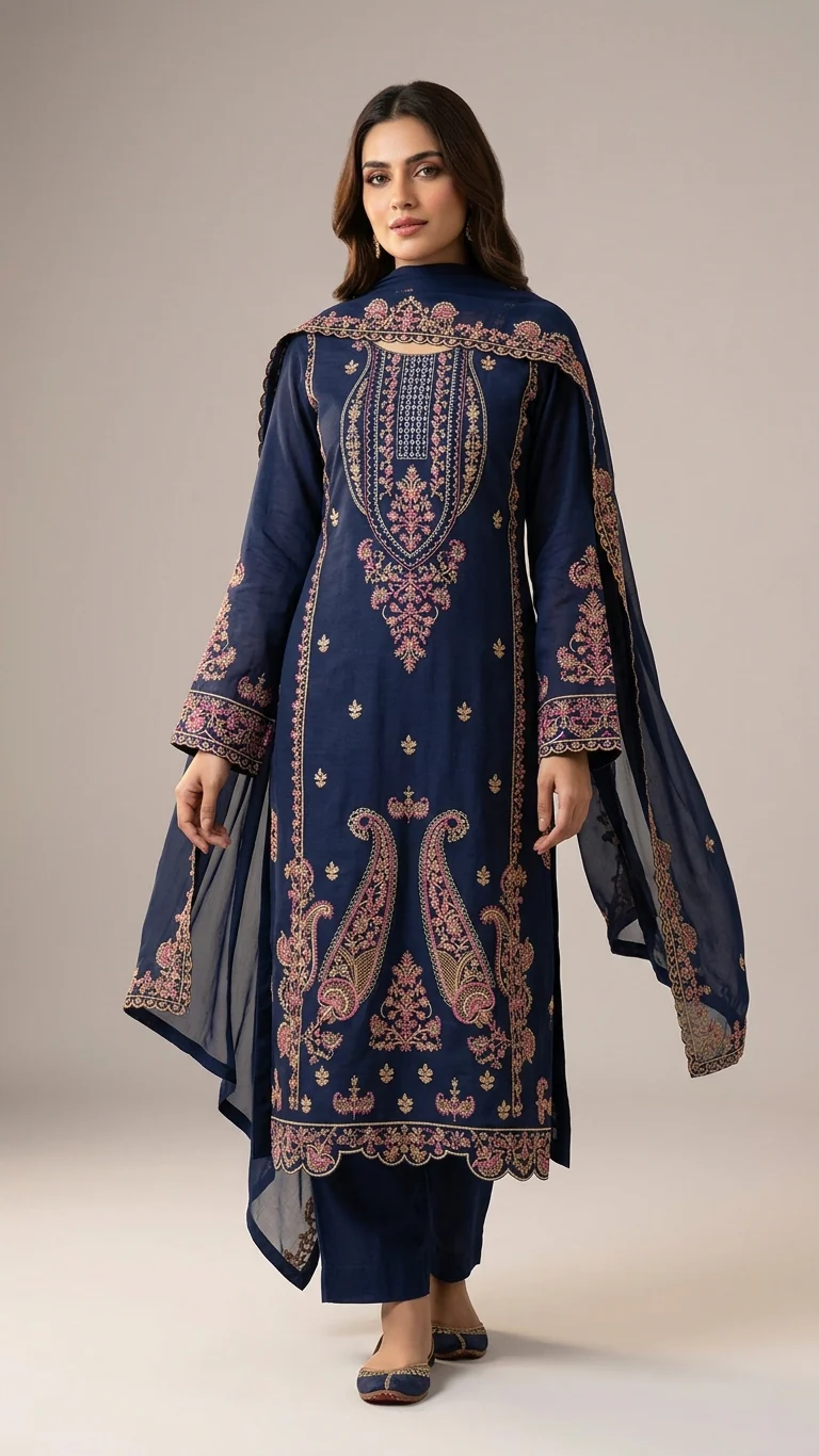 Elegant Navy Blue Embroidered Lawn 3 Pcs Suit - Luxury Unstitched Summer Collection with Net Dupatta for Women