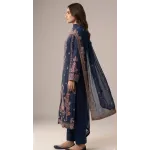 Elegant Navy Blue Embroidered Lawn 3 Pcs Suit - Luxury Unstitched Summer Collection with Net Dupatta for Women