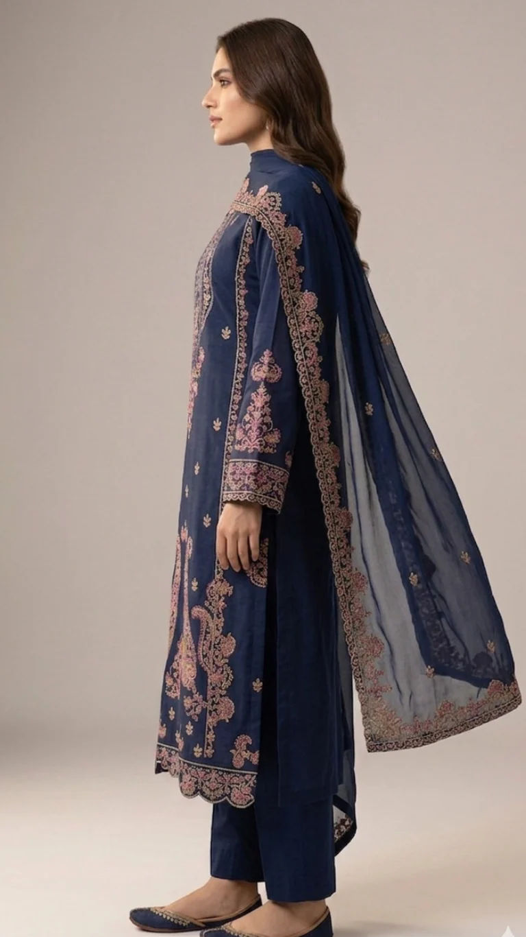 Elegant Navy Blue Embroidered Lawn 3 Pcs Suit - Luxury Unstitched Summer Collection with Net Dupatta for Women