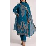 Elegant Prussian Blue Embroidered Lawn 3 Pcs Suit - Luxury Unstitched Summer Collection with Net Dupatta for Women