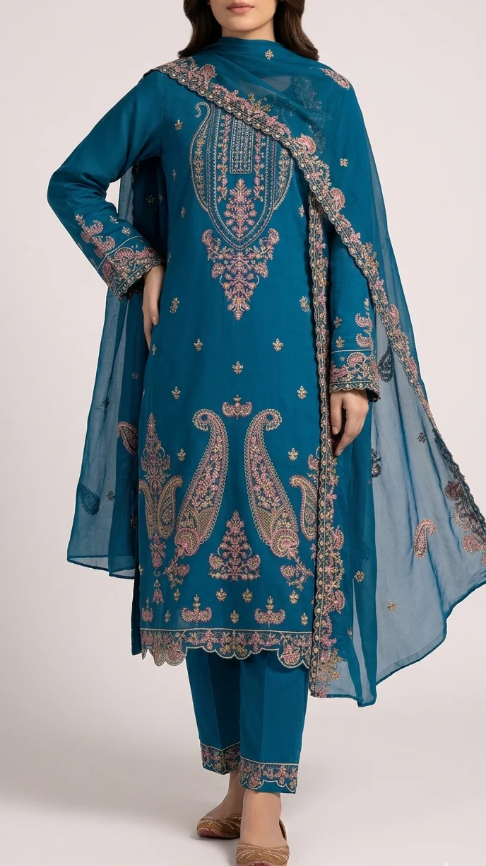 Elegant Prussian Blue Embroidered Lawn 3 Pcs Suit - Luxury Unstitched Summer Collection with Net Dupatta for Women