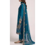 Elegant Prussian Blue Embroidered Lawn 3 Pcs Suit - Luxury Unstitched Summer Collection with Net Dupatta for Women