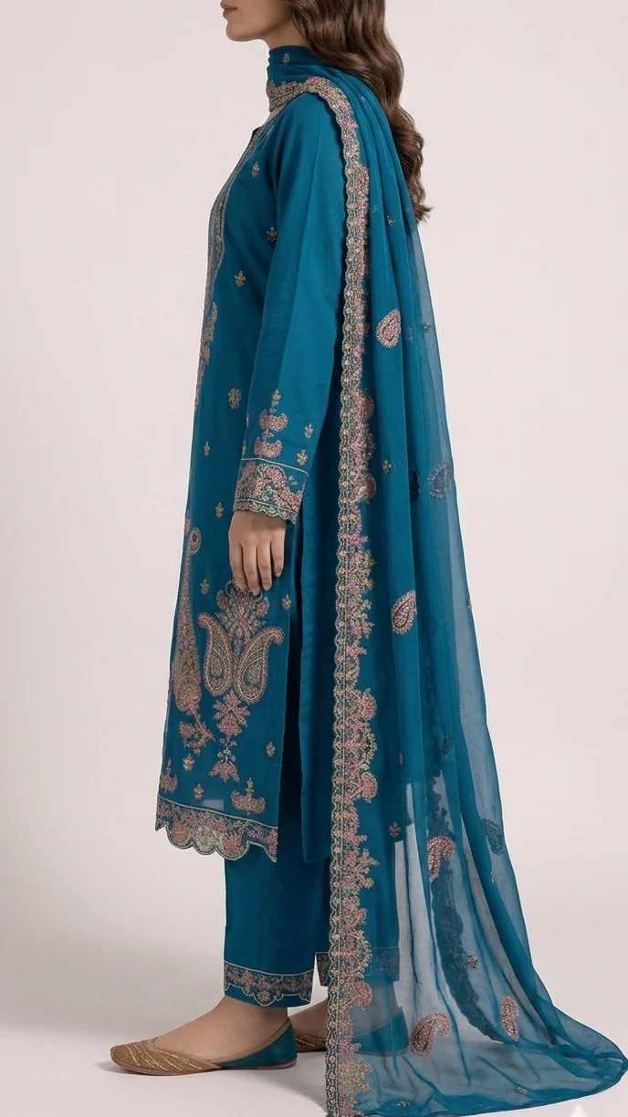 Elegant Prussian Blue Embroidered Lawn 3 Pcs Suit - Luxury Unstitched Summer Collection with Net Dupatta for Women